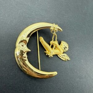 Vintage DANECRAFT Goldtone Cherub Angel Swinging on Crescent Moon Brooch Pin
